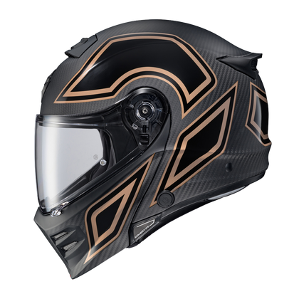 Scorpion Covert FX Mod Carbon Coast-2-Coast Gold helmet, left profile with clear shield