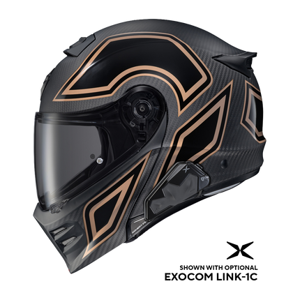 Scorpion Covert FX Mod Carbon Coast-2-Coast Gold helmet, left profile with optional LINK-1C communication system