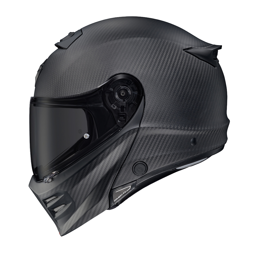 Scorpion Covert FX Modular Carbon Solid Matte Black helmet, left profile, dark smoke shield