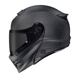 Scorpion Covert FX Modular Carbon Solid Matte Black helmet, left profile, dark smoke shield