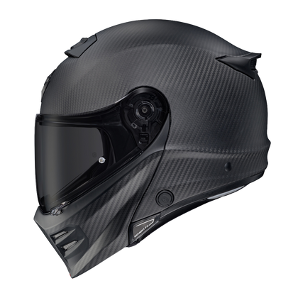 Scorpion Covert FX Modular Carbon Solid Matte Black helmet, left profile, dark smoke shield