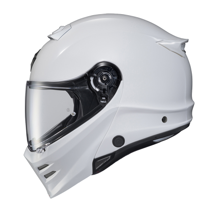 Scorpion Covert FX Modular Carbon Solid Gloss White helmet, left profile, clear shield