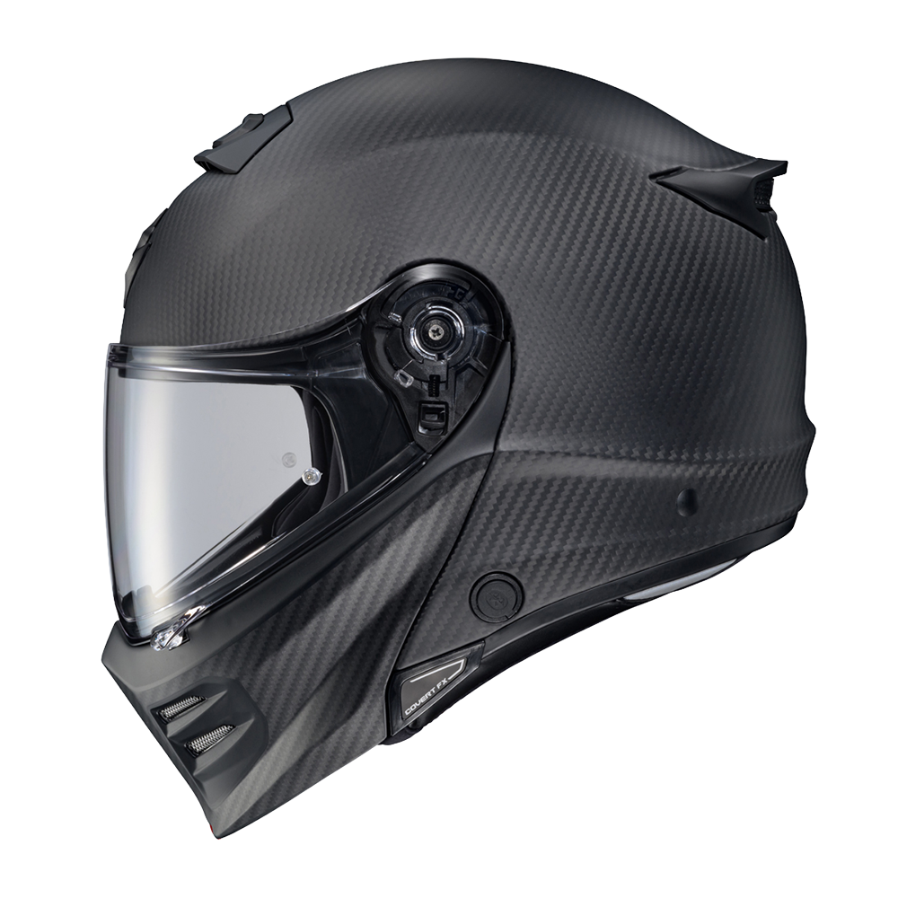 Scorpion Covert FX Modular Carbon Solid Matte Black helmet, left profile, clear shield