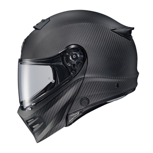 Scorpion Covert FX Modular Carbon Solid Matte Black helmet, left profile, clear shield