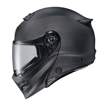 Scorpion Covert FX Modular Carbon Solid Matte Black helmet, left profile, clear shield
