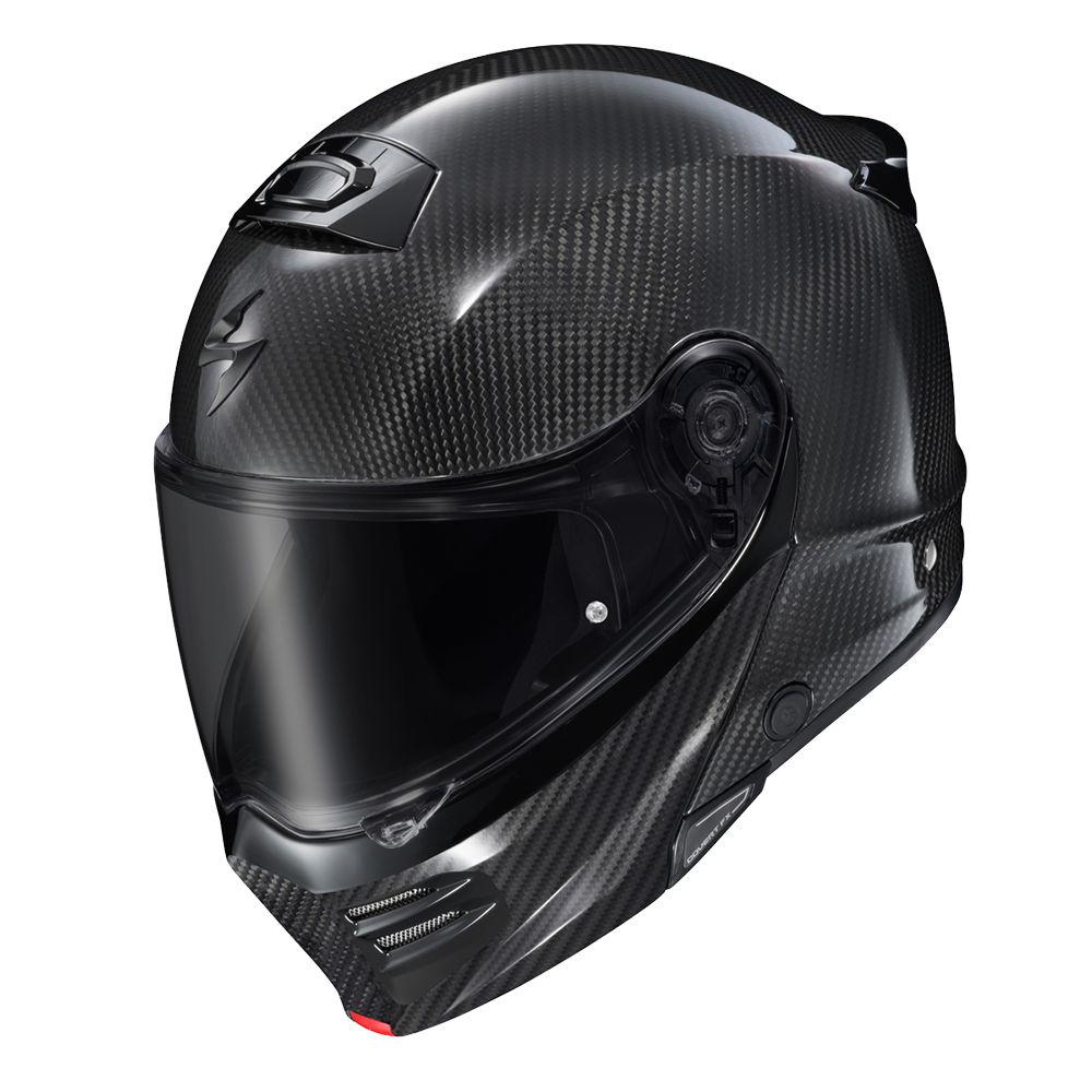 Scorpion Covert FX Modular Carbon Solid Gloss Black helmet, three-quarter top view, dark smoke shield