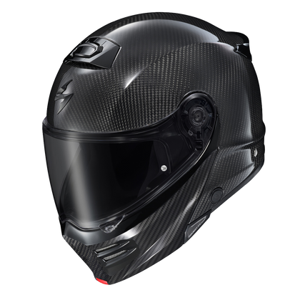 Scorpion Covert FX Modular Carbon Solid Gloss Black helmet, three-quarter top view, dark smoke shield