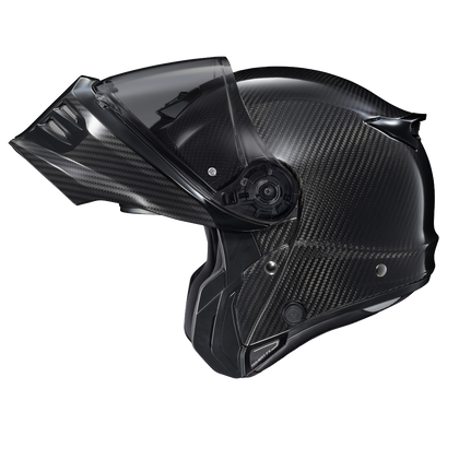 Scorpion Covert FX Modular Carbon Solid Gloss Black helmet, chin bar raised, dark smoke shield