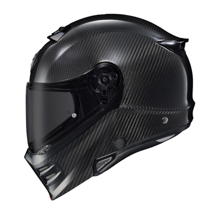 Scorpion Covert FX Modular Carbon Solid Gloss Black helmet, left profile, dark smoke shield