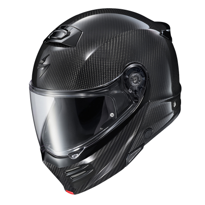 Scorpion Covert FX Modular Carbon Solid Gloss Black helmet, three-quarter top view, clear shield