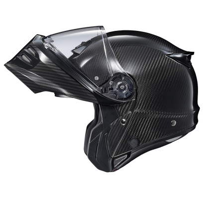 Scorpion Covert FX Modular Carbon Solid Gloss Black helmet, chin bar raised, clear shield