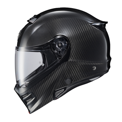 Scorpion Covert FX Modular Carbon Solid Gloss Black helmet, left profile, clear shield