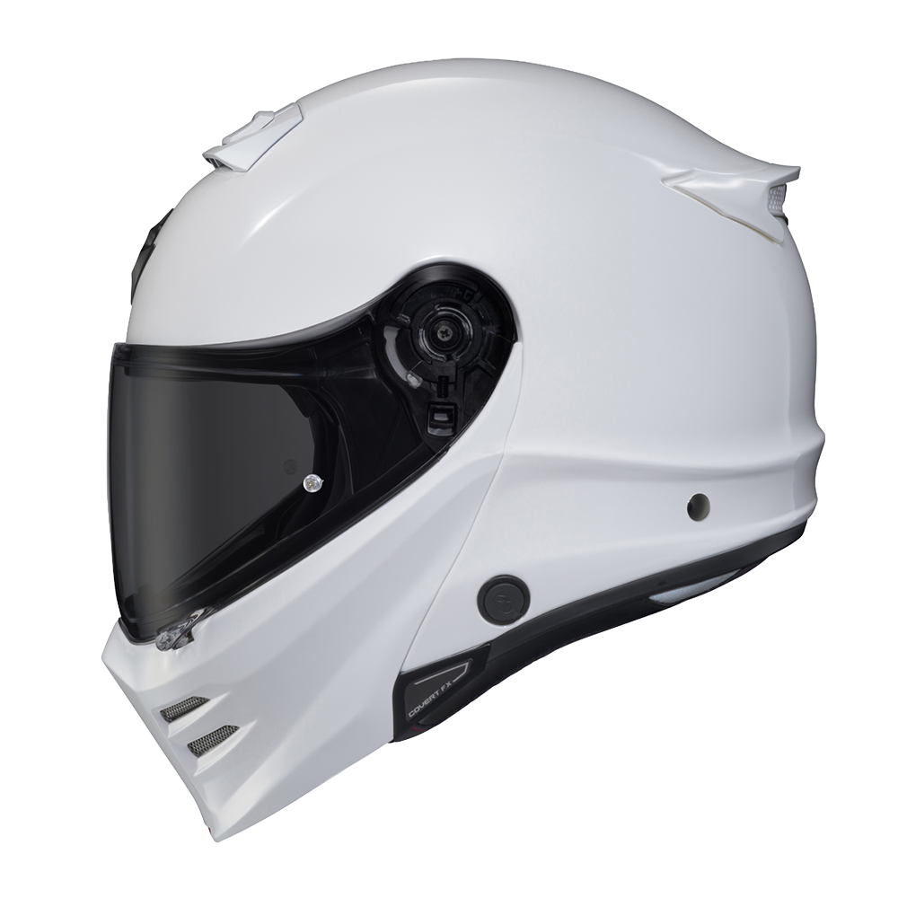 Scorpion Covert FX Modular Carbon Solid Gloss White helmet, left profile, dark smoke shield