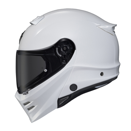 Scorpion Covert FX Modular Carbon Solid Gloss White helmet, left profile, dark smoke shield