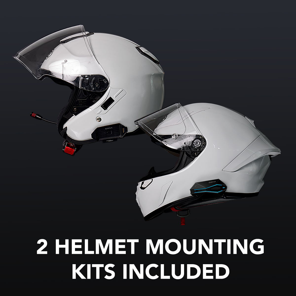 Sena 60X shown on two helmets with two helmet mounting kits included per unit
