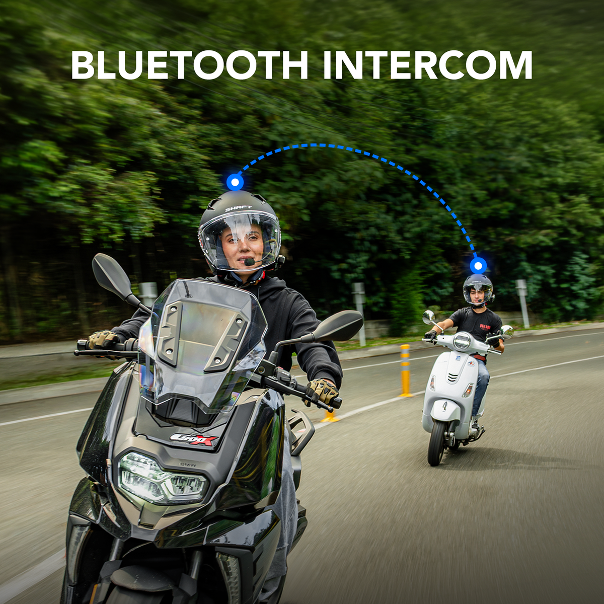 Two riders using the Sena VORTEX two-way Bluetooth intercom