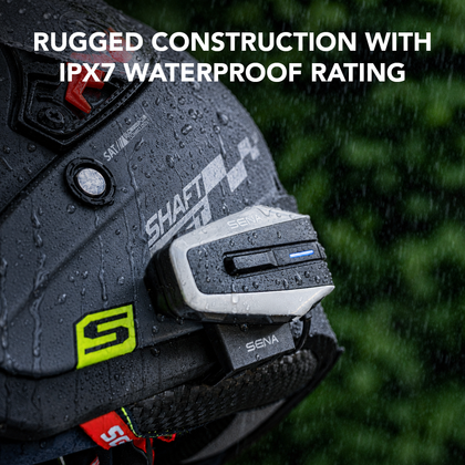 Sena VORTEX motorcycle intercom demonstrating IPX7 waterproof construction