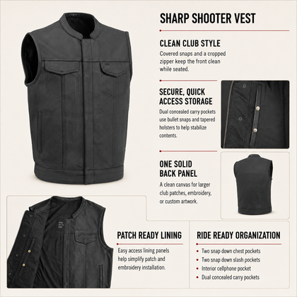 Sharp Shooter leather motorcycle vest feature overview