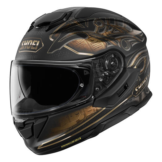 SHOEI GT-Air 3 Nile helmet, Nile TC-9 matte black and gold, front three-quarter view