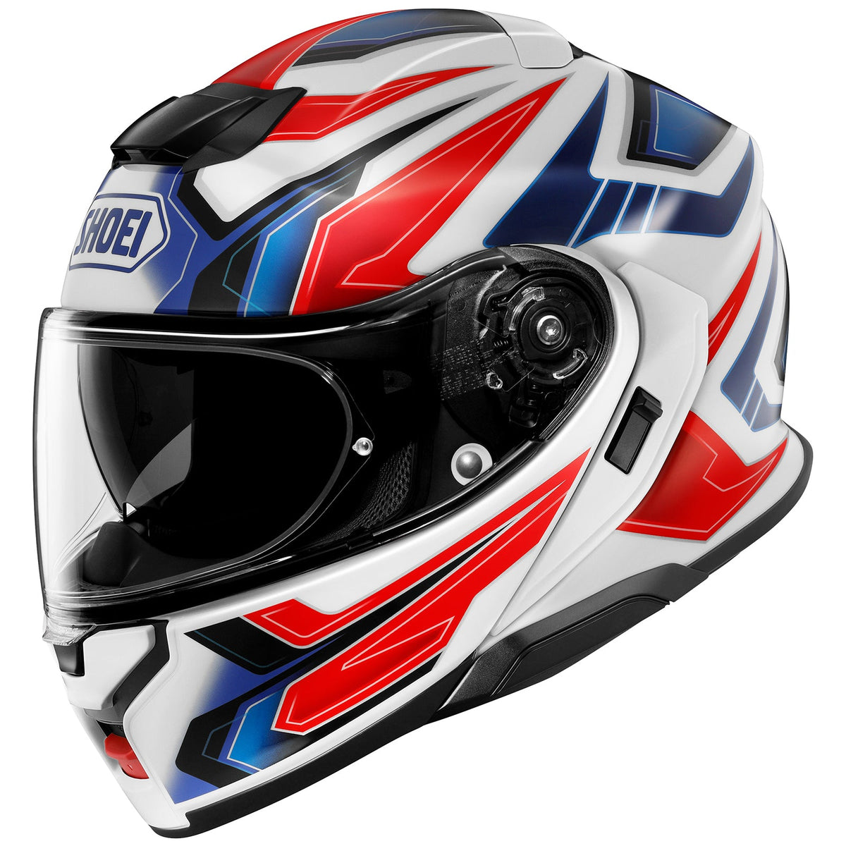 SHOEI Neotec 3 Anthem TC-10 blue, red, and white, front view