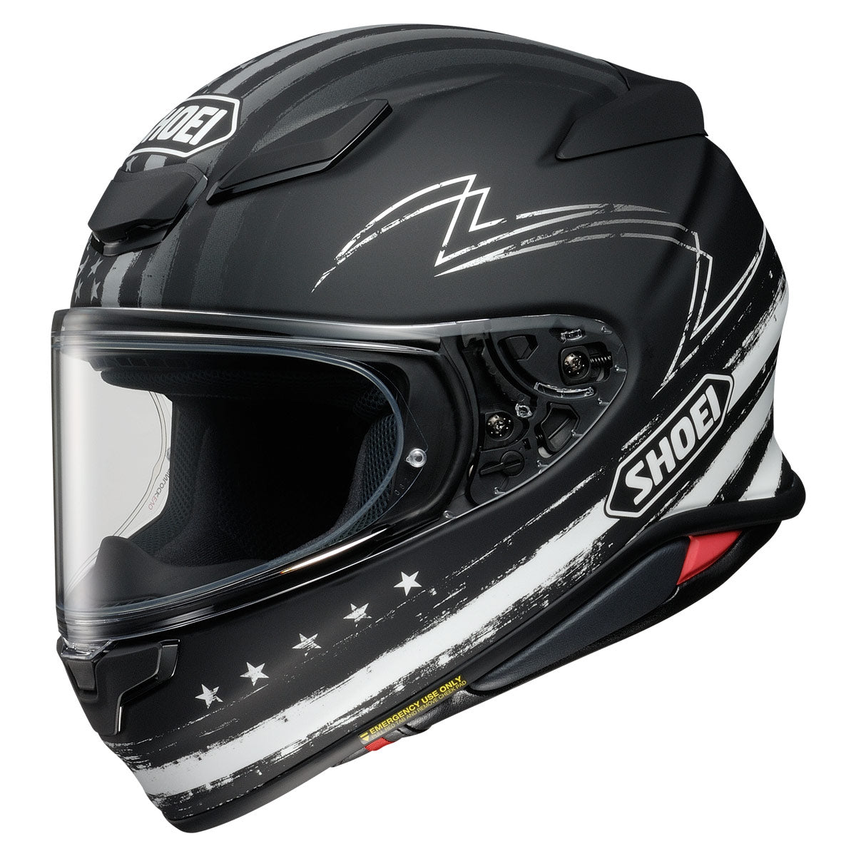 Shoei RF-1400 Dedicated 2 TC-5 matte black and white helmet, left front three-quarter studio view