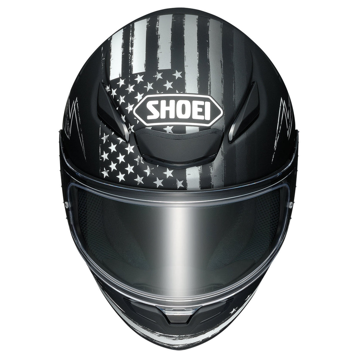 Shoei RF-1400 Dedicated 2 TC-5 matte black and white helmet, front and crown studio view