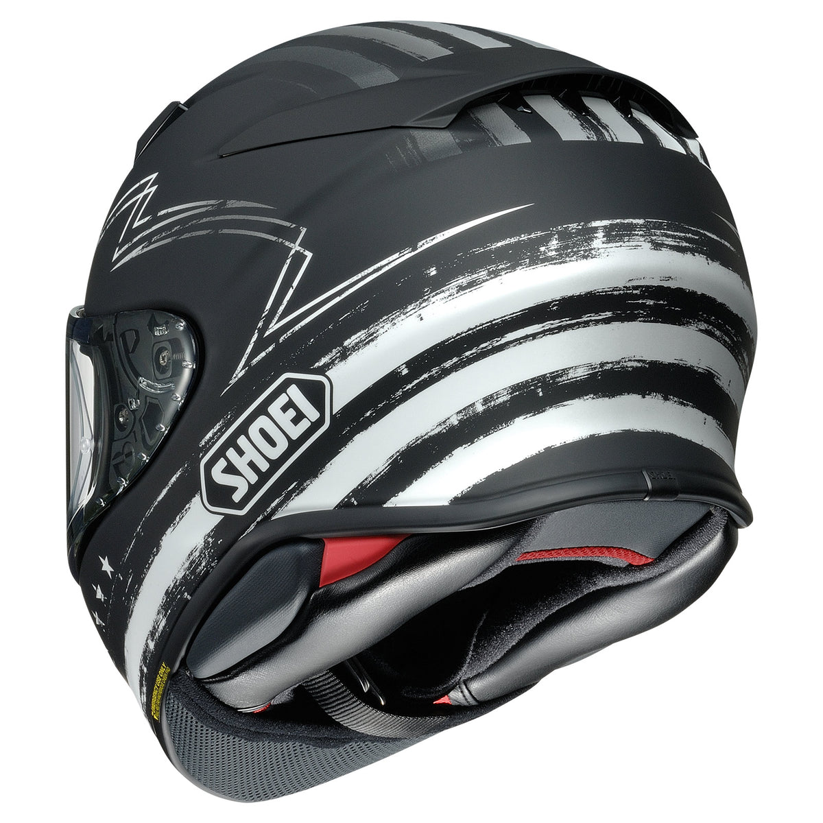 Shoei RF-1400 Dedicated 2 TC-5 matte black and white helmet, rear three-quarter studio view
