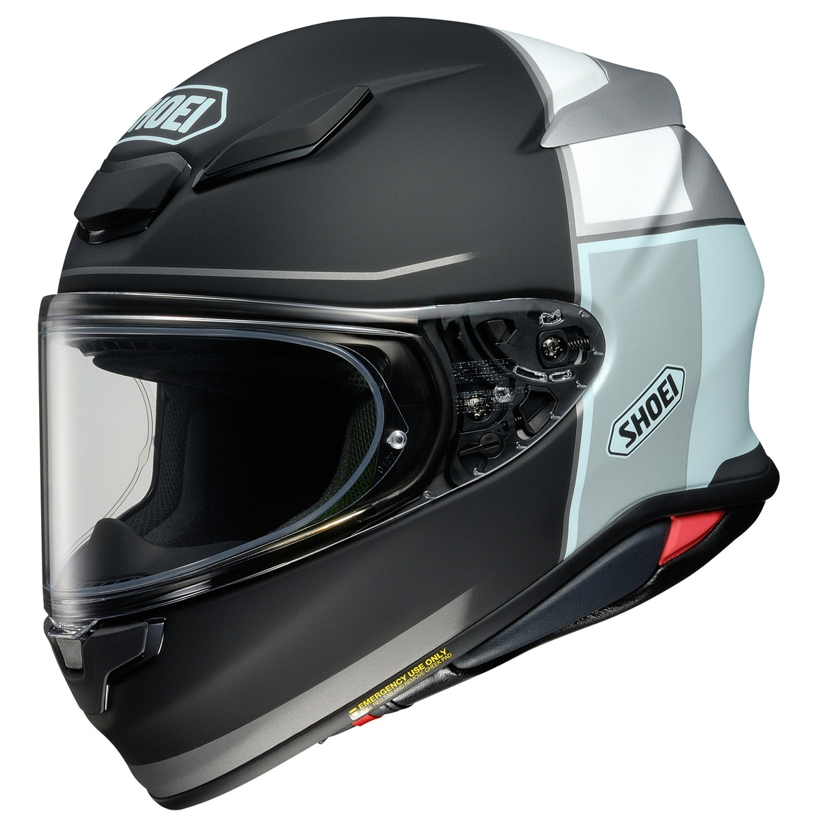 Shoei RF-1400 Yonder TC-2 black, white and light blue helmet, front three-quarter view