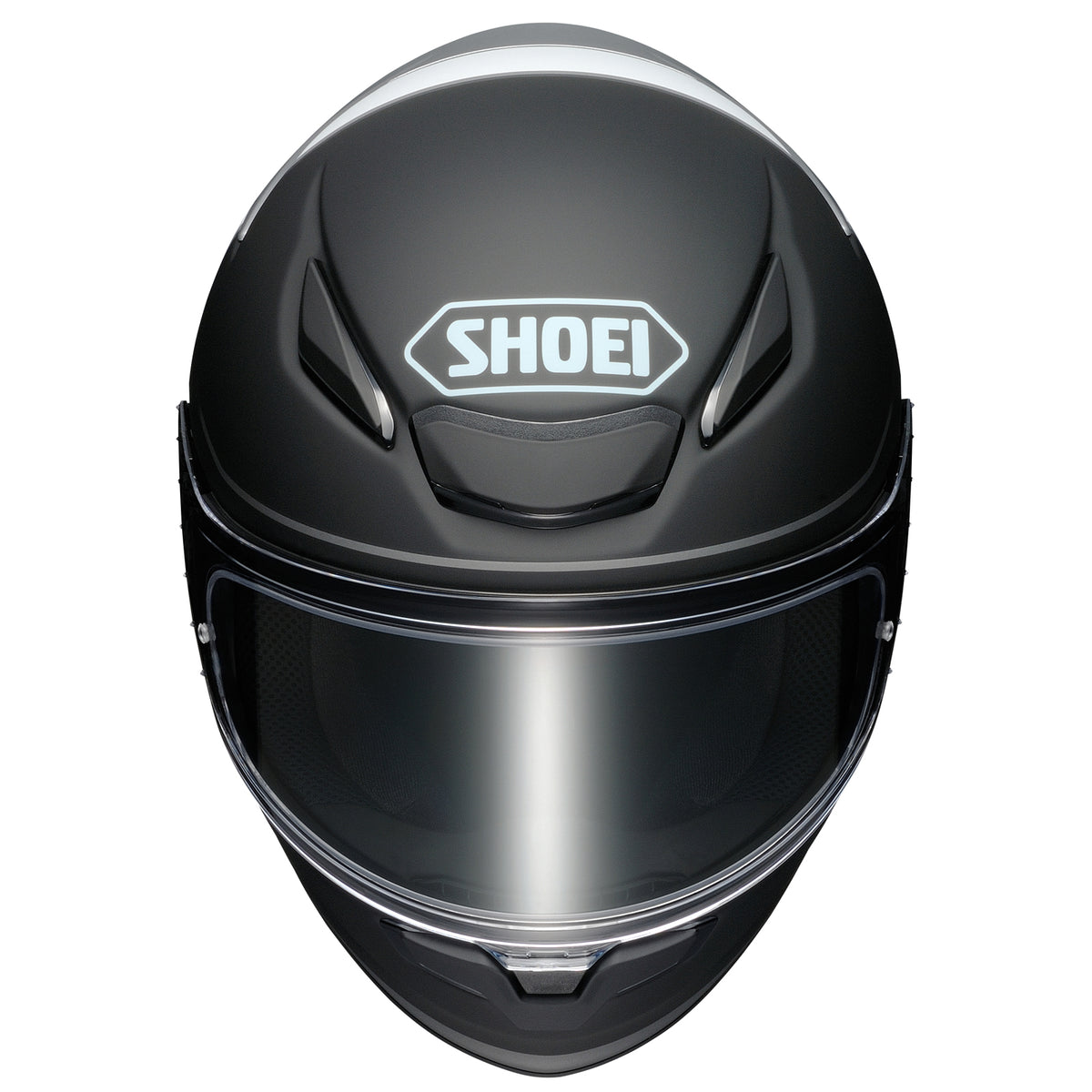 Shoei RF-1400 Yonder TC-2 black, white and light blue helmet, front and crown view