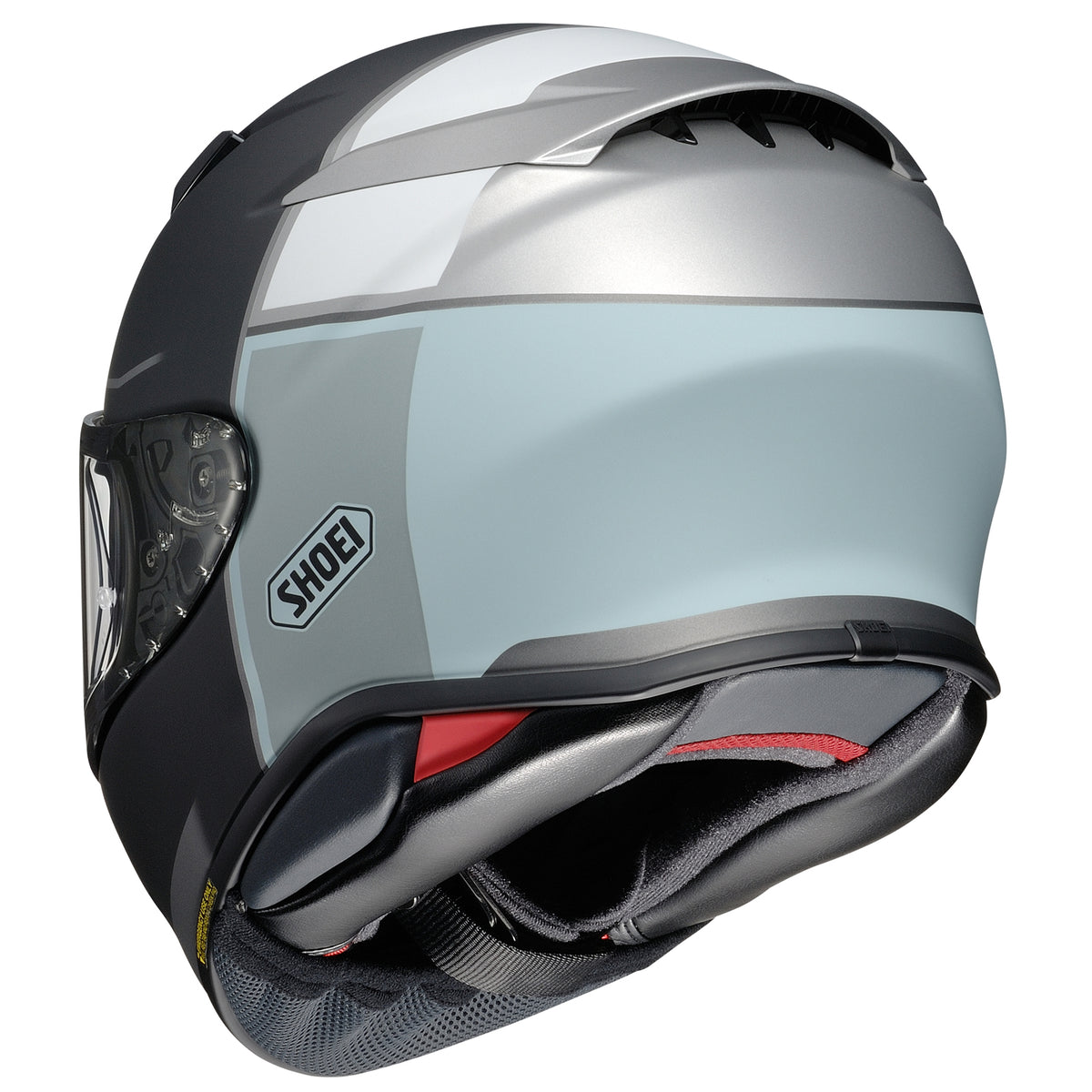 Shoei RF-1400 Yonder TC-2 black, white and light blue helmet, rear three-quarter view