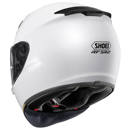 SHOEI RF SR 2 White helmet rear view showing exhaust spoiler and interior