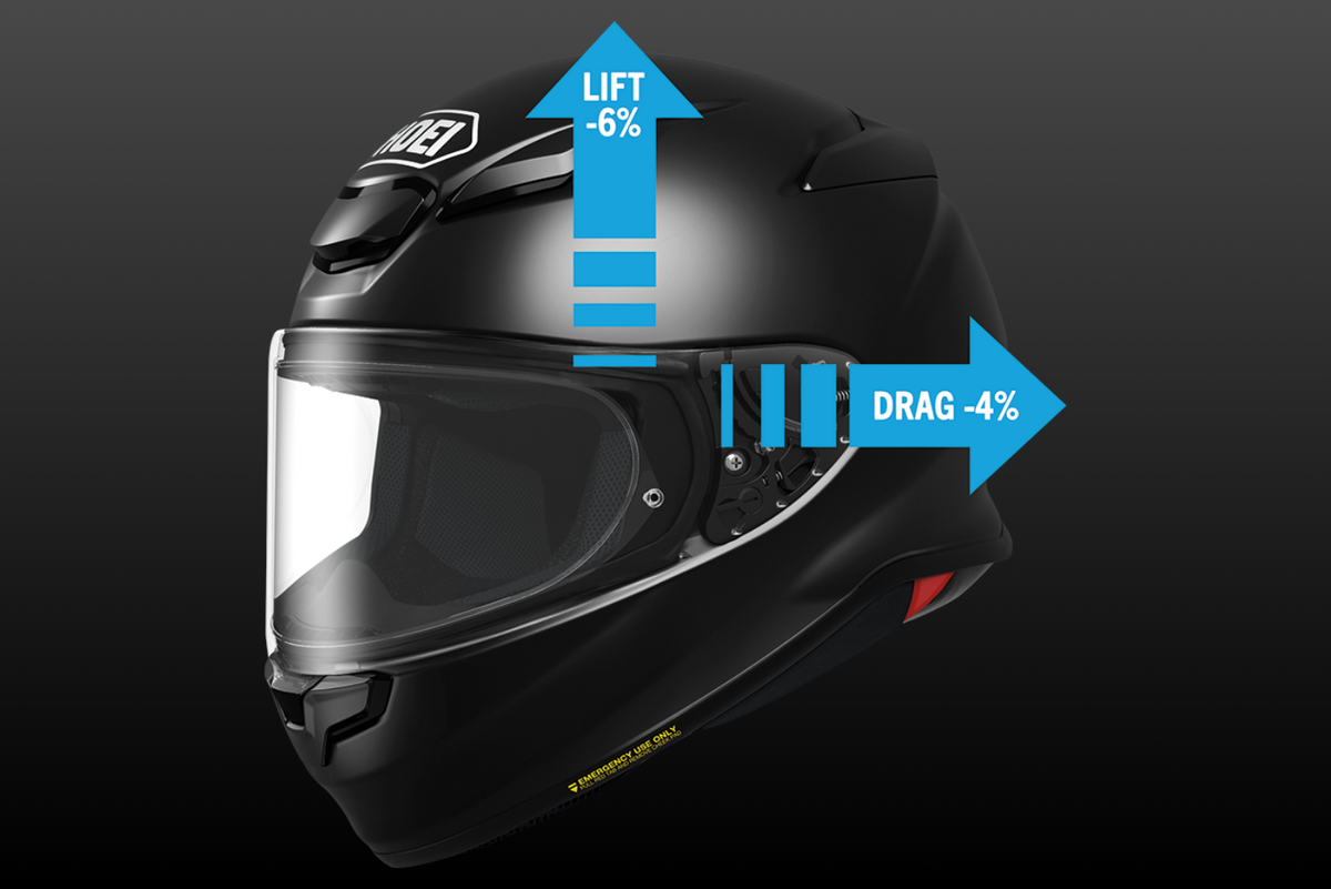Shoei RF-1400 aerodynamic lift and drag reduction graphic