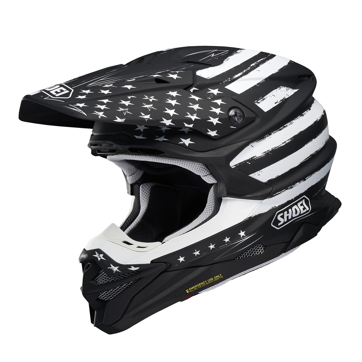 SHOEI VFX-EVO Faithful 2 TC-5 black and white, front left three-quarter studio view