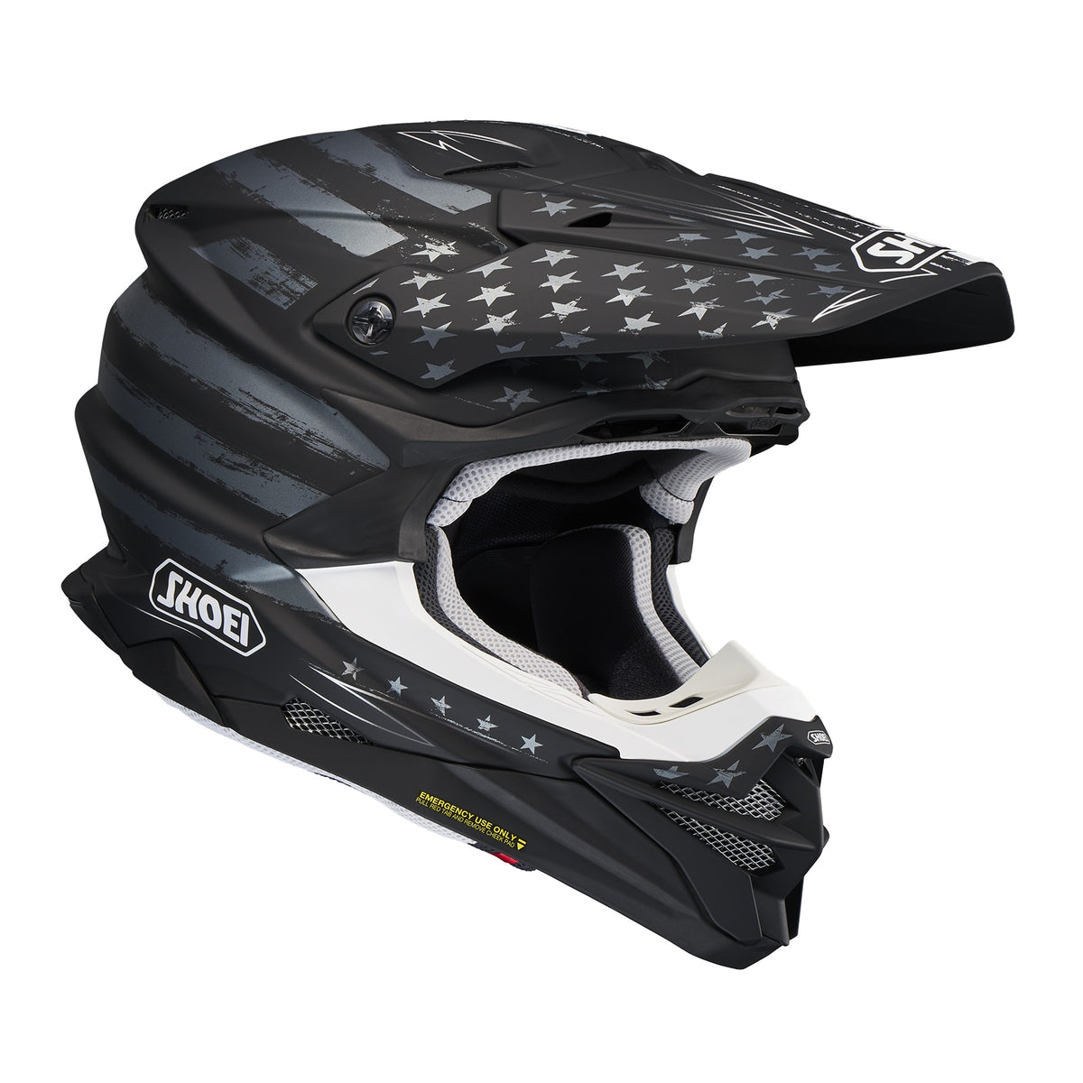 SHOEI VFX-EVO Faithful 2 TC-5 black and white, front right three-quarter studio view