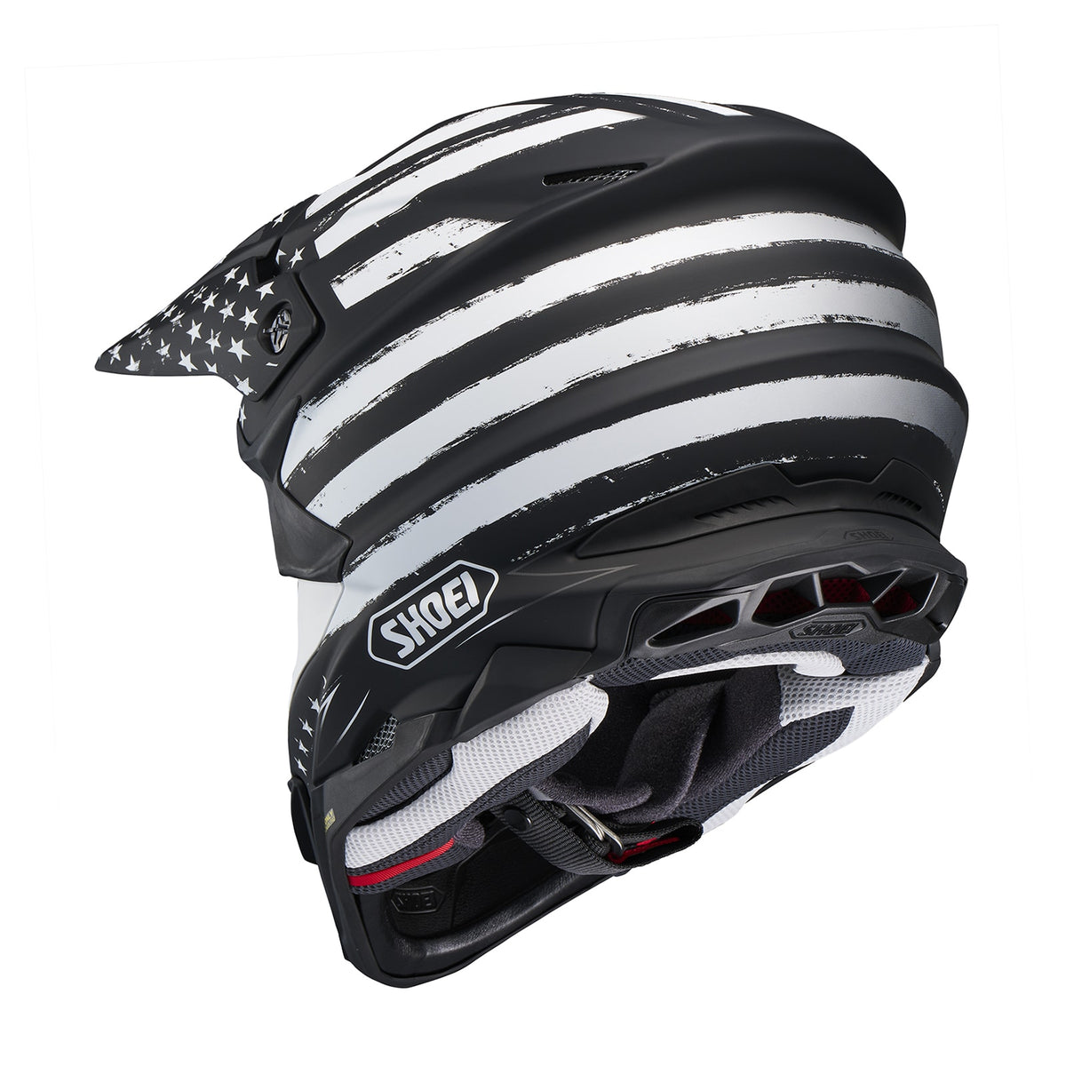 SHOEI VFX-EVO Faithful 2 TC-5 black and white, rear three-quarter studio view