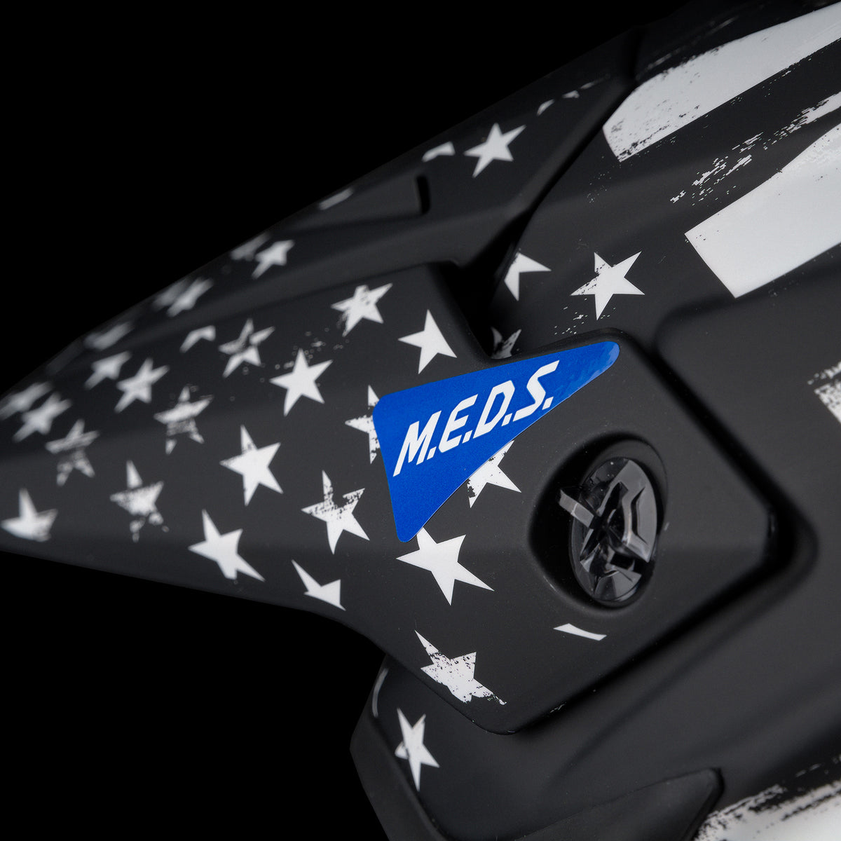 SHOEI VFX-EVO Faithful 2 TC-5 black and white, M.E.D.S. marking and peak mount detail
