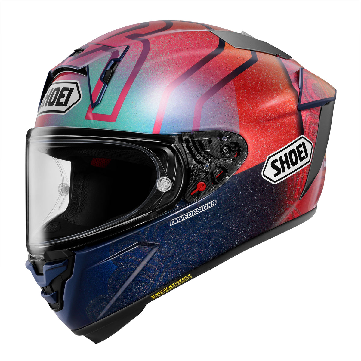 SHOEI X-Fifteen Marquez Holi TC-1 multicolor helmet, front three-quarter studio view