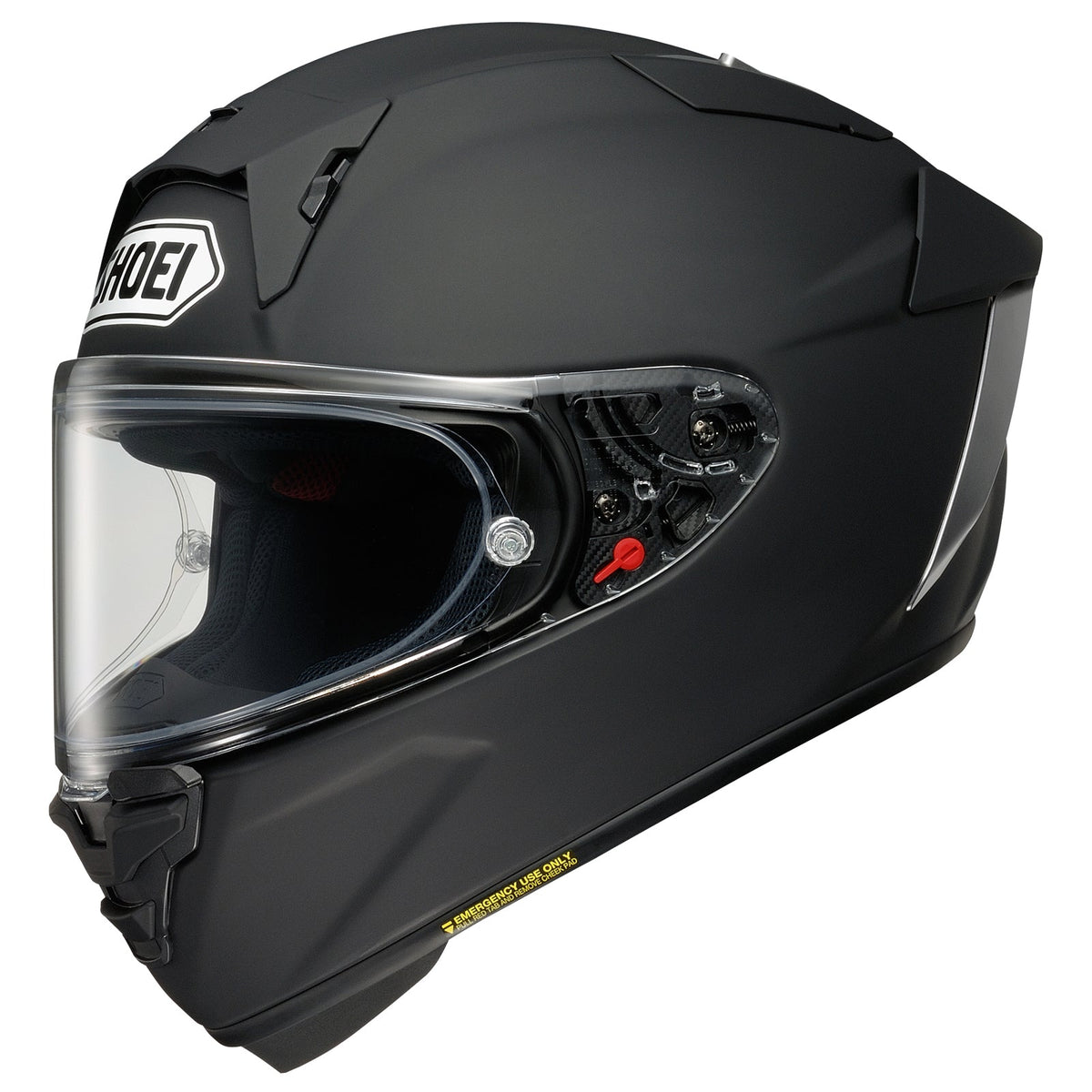 Shoei X Fifteen matte black racing helmet side view