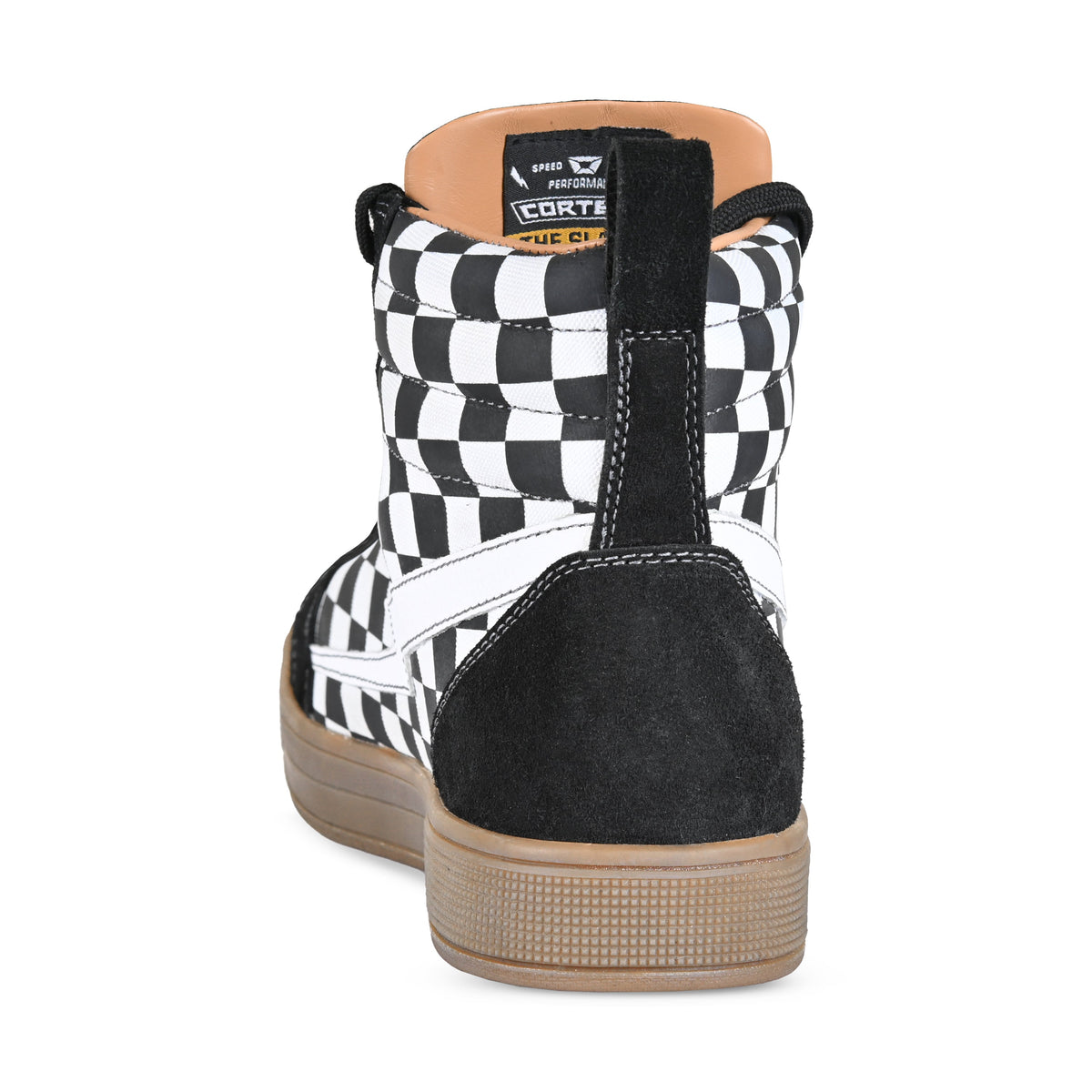 Cortech Men's Slayer Canvas Check Riding Shoes in White Check/Gum, heel view