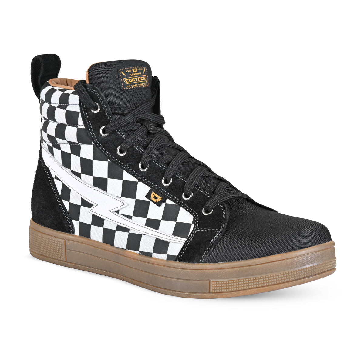 Cortech Men's Slayer Canvas Check Riding Shoes in White Check/Gum, side detail view