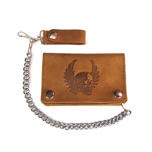 USA-Made Bi-Fold Short Biker Wallet Skull Brown
