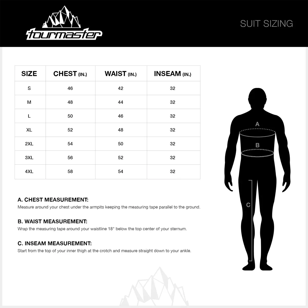Tourmaster Centurion Lite one-piece suit sizing chart