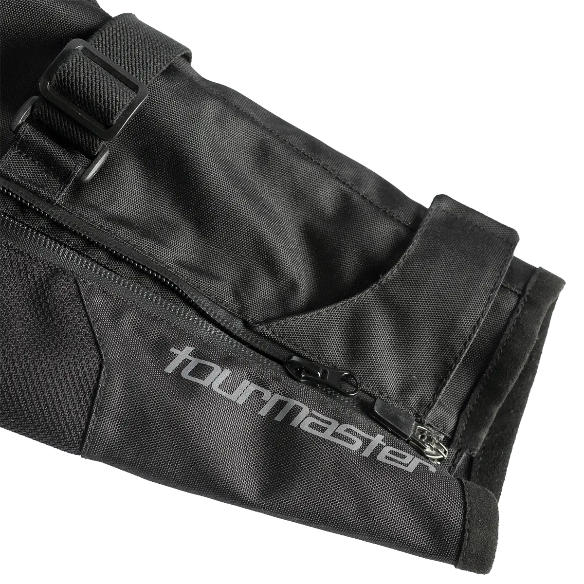 Tourmaster Centurion Lite black one-piece suit, sleeve and arm adjustment detail