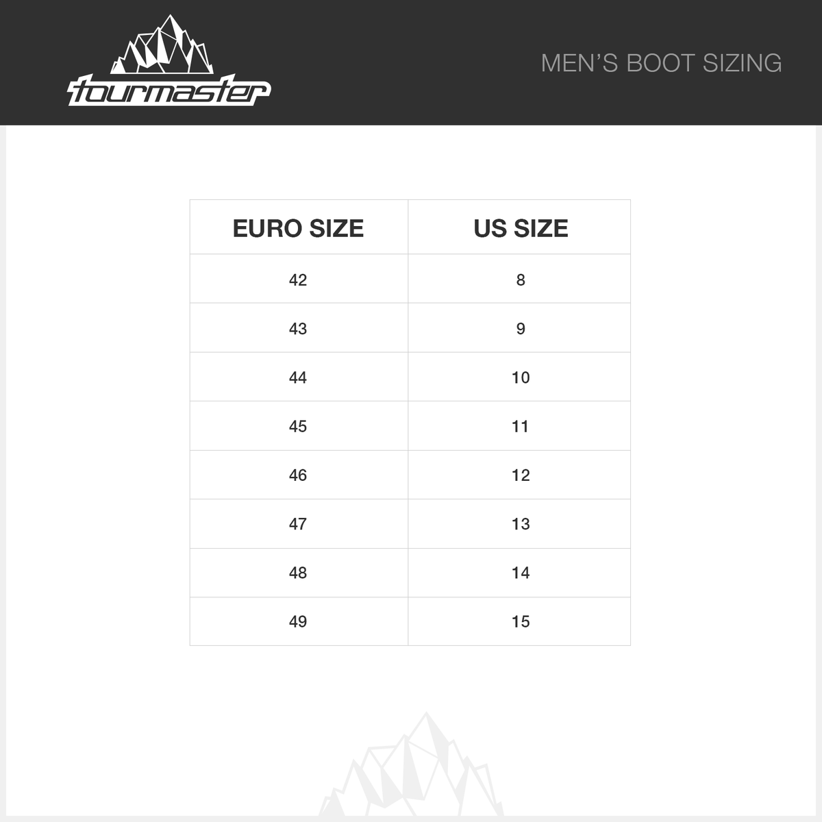 Tourmaster Helix Waterproof Touring Boots, official men's boot size chart