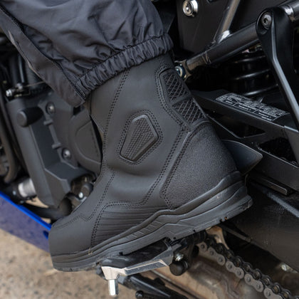 Tourmaster Women's Helix Waterproof Touring Boot worn on a motorcycle