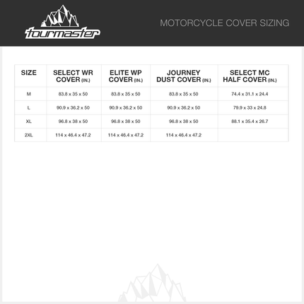 Tourmaster Elite WP Motorcycle Cover official size chart