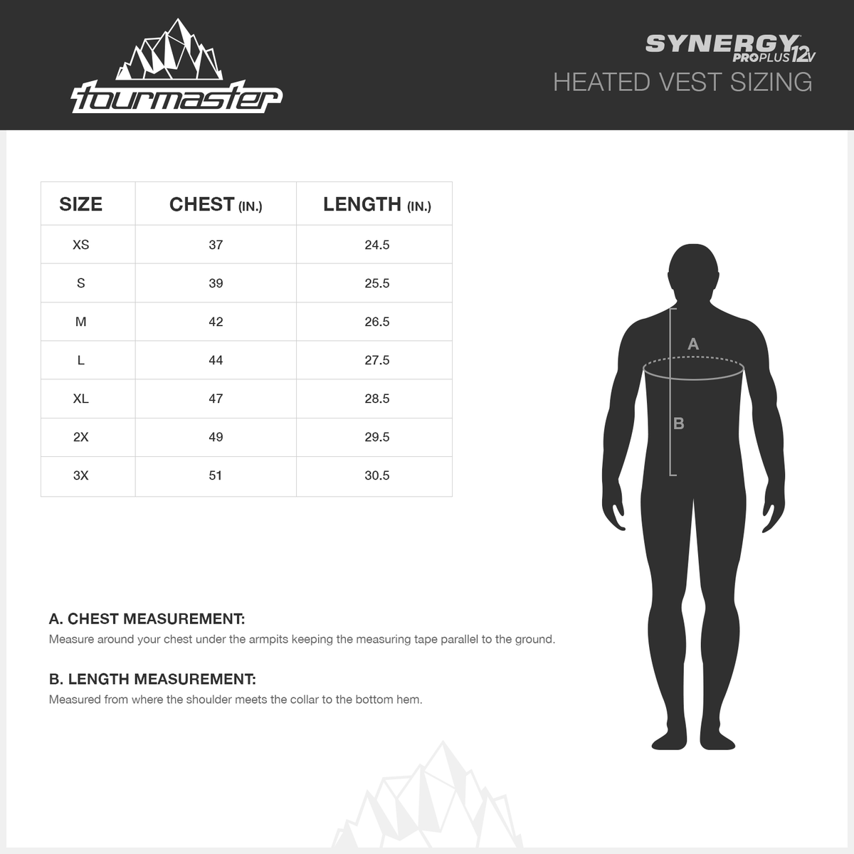 Tourmaster Synergy heated vest sizing chart