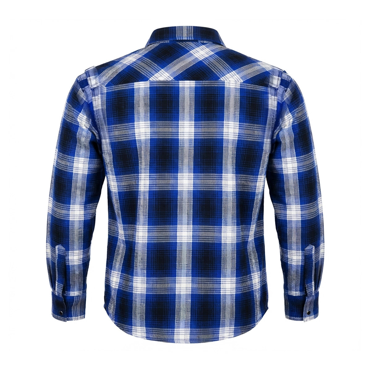 UNIK men's heavyweight cotton riding flannel in blue and white plaid back view