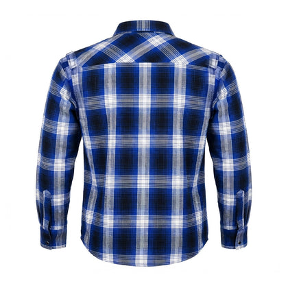 UNIK men's heavyweight cotton riding flannel in blue and white plaid back view