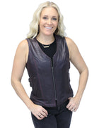 Ladies Roxo Buckled Vest: Premium purple lambskin leather zip vest with dual concealed pockets inside, zip front pockets, but